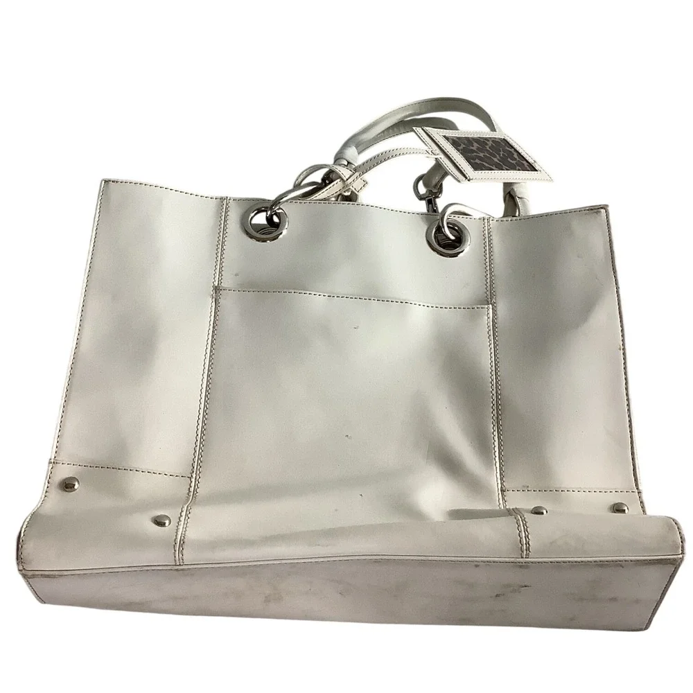 Wilsons Leather White Tote Bag Silver Grommet Leopard Print Lining Large Handbag